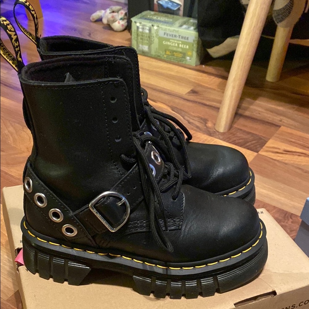 Dr. Martens Black Lace-Up Boots with Yellow Stitching